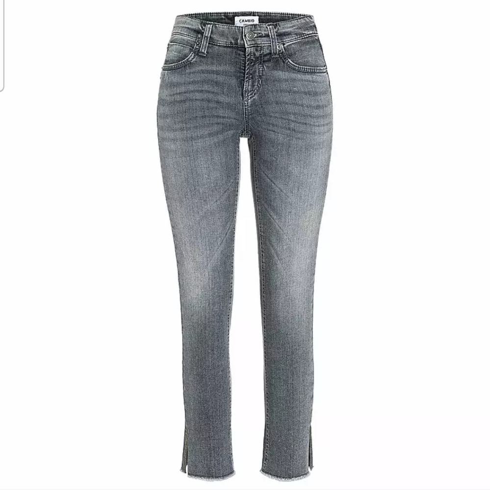 German CAMBIO DENIM Rhinestone Crystal Straight Ankle Shimmer Distress Gray